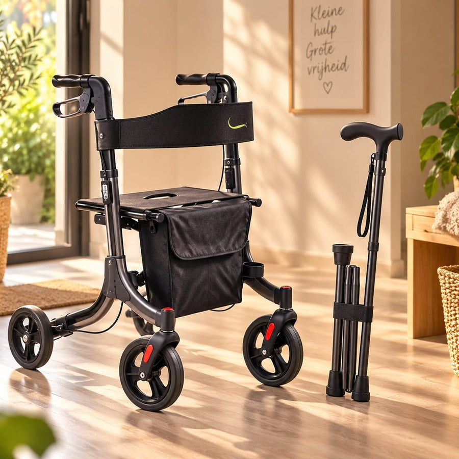 Pakket Onderweg en thuis: lichtgewicht rollator en opvouwbare wandelstok