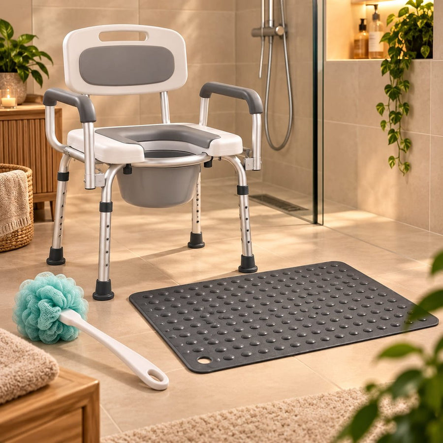 Pakket Veilig douchen en naar het toilet: Commode douche- en toiletstoel, antislip douchemat en badspons op steel